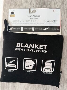 NWT Isaac Mizrahi Black Jersey Travel Blanket with Carry Pouch